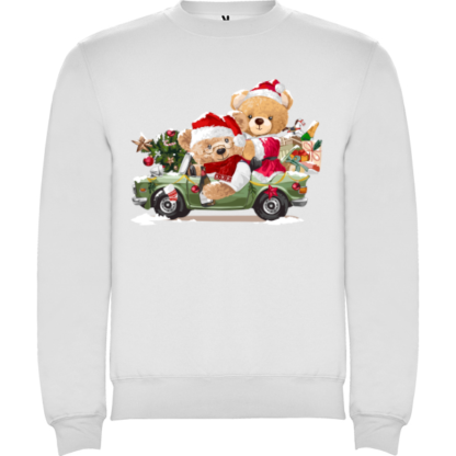 Sudadera blanca navidad oso papa y mama oso en coche cargados de cosas navideñas. Sudadera ositos navideños