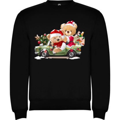 Sudadera negra navidad oso papa y mama oso en coche cargados de cosas navideñas. Sudadera ositos navideños