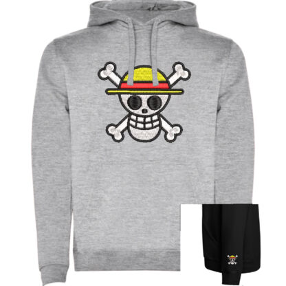 Sudadera gris con capucha calavera one piece portada